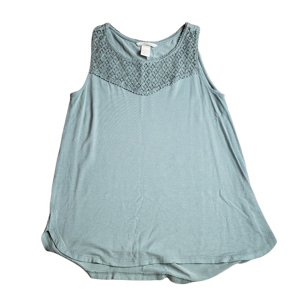 H&M Tank Top Shirt Womens XS Sleeveless Blue Green Hi Low Lace Round Neck Summer